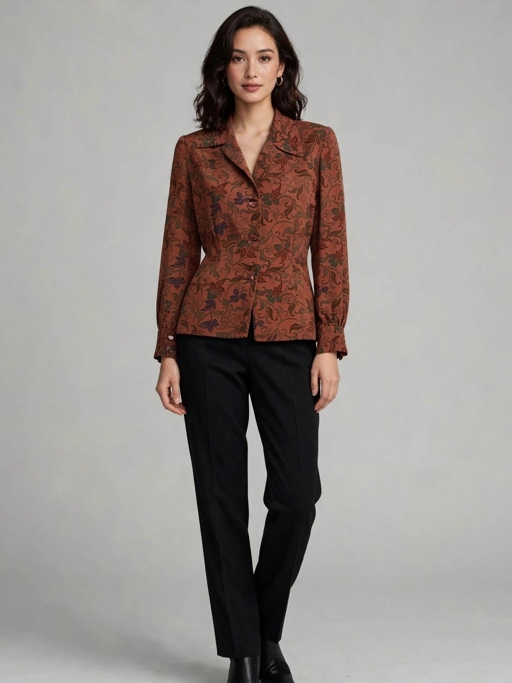 Vintage Floral BLazer Blouse/Shirt - Rust / Copper Tapestry Print